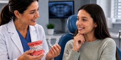 Dentist showing braces and clear aligners to a patient.